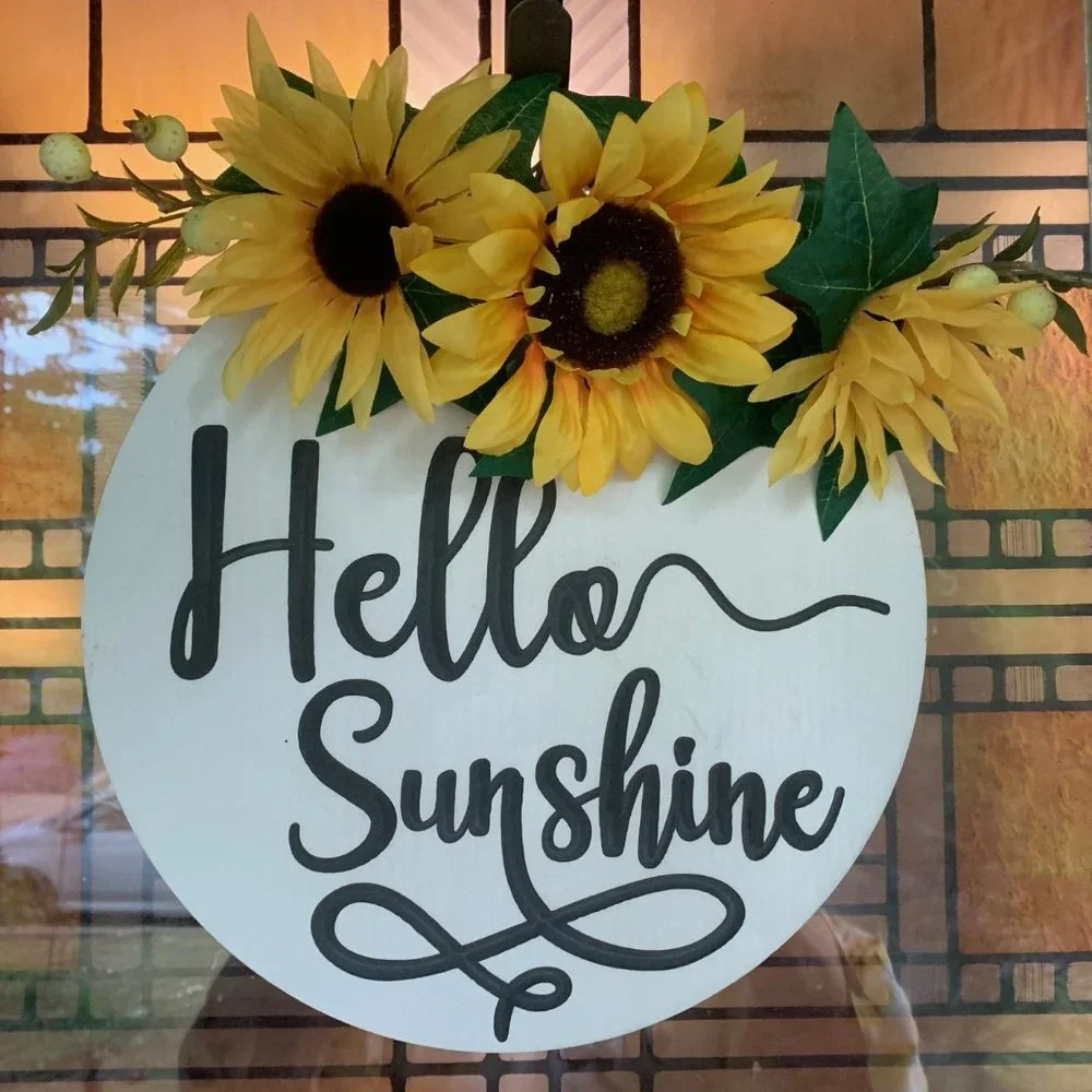 Hello Sunshine! Floral Door or Wall Decor - Wooden Circle with Sunflowers